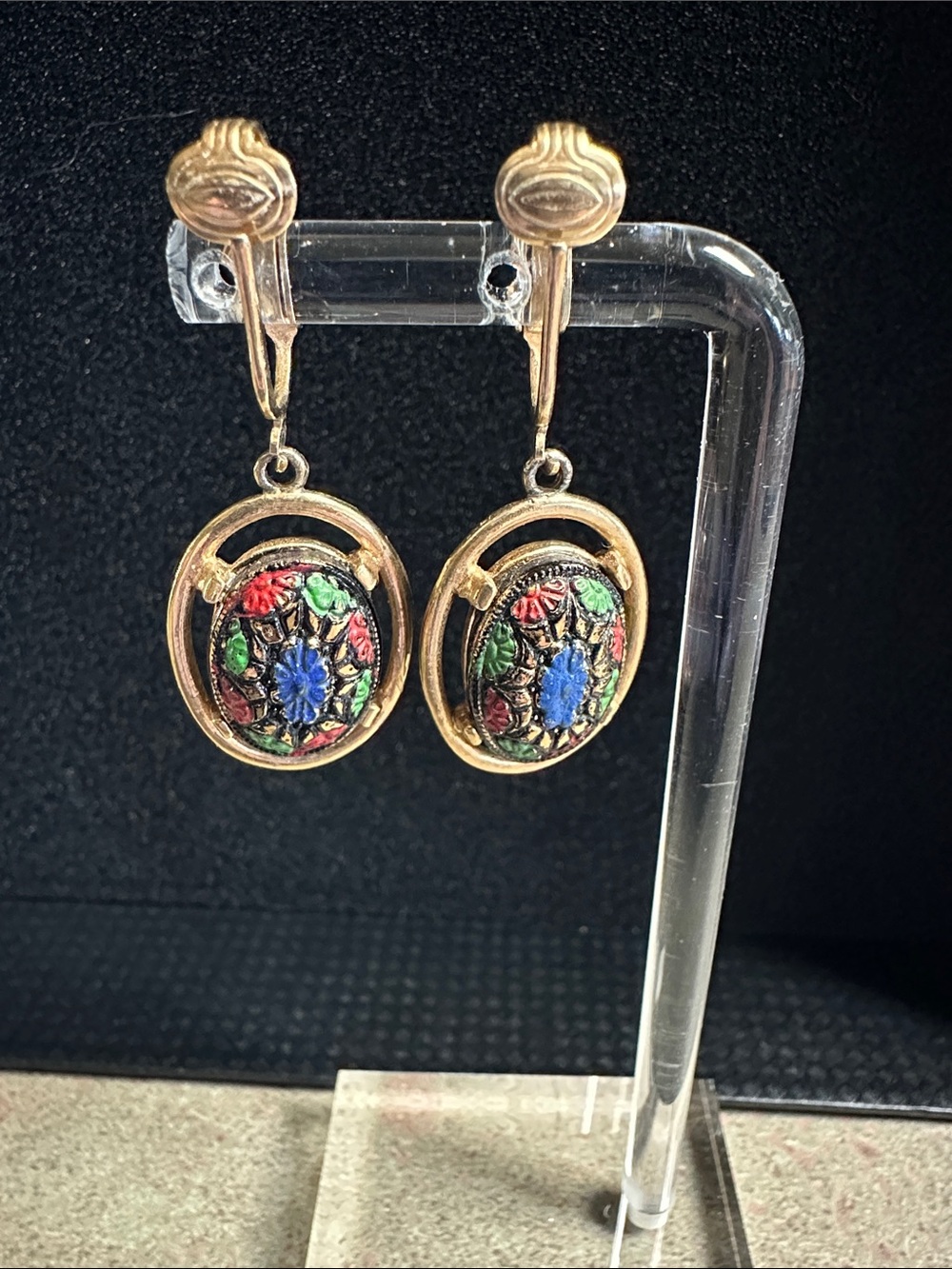 Vintage Sarah Coventry Gold-Tone Multicolor Floral Oval Drop Clip-On Earrings